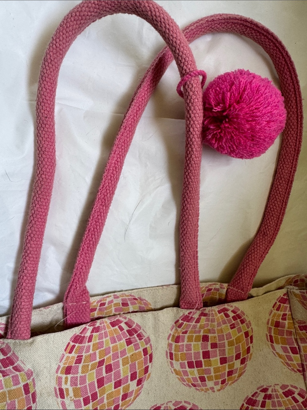 Pink Mosaic Disco Ball Canvas Tote Bag with Pom Accent - Picture 5 of 6